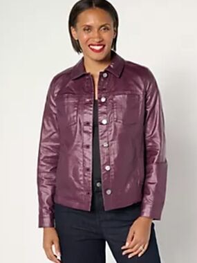 Denim & Co. Signature Women's Coated Denim Plum Button-Front Jacket W/Pockets